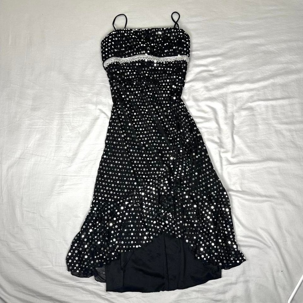 Vintage y2k City Studio black & silver sparkly polka dot asymmetrical dress